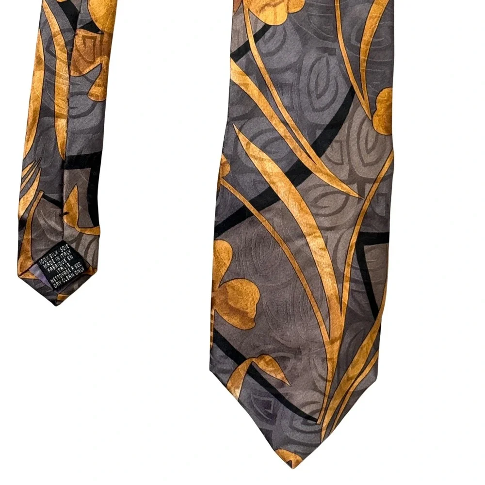 Vintage 90s Italian Silk Mens Necktie Abstract Floral Leaf Pattern Gold Gray Tie